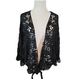 Raj Black Floral Crochet Lace Tie Front Shrug Kimono One Size New